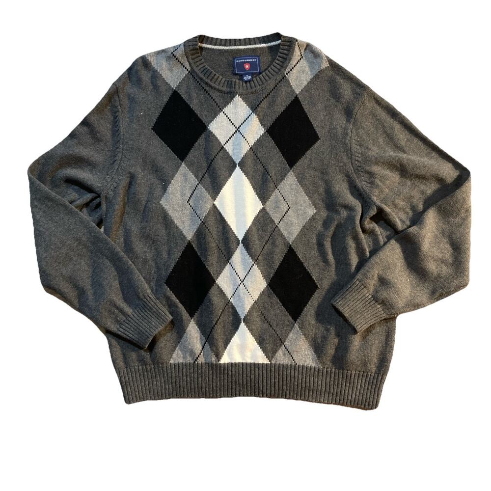 Dark Academia Old Money SADDLEBRED Mens Gray Black Argyle Sweater Cotton XL